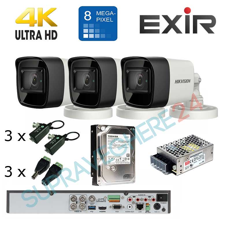 Kit supraveghere 4K 8 Megapixel Hikvision complet cu 3 camere 8MP DVR HDD 1TB accesorii configurare gratuita
